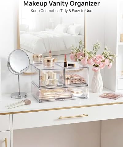 Clear Stackable Storage Drawers Set of 4, Plastic Organizer Bins