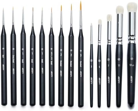 ARTIFY Miniature Drybrush Paint Brush Set: 14-Piece Round Small Detail Model Paintbrushes, Thin Mini Tiny Micro Paint Brushes for Miniature Painting