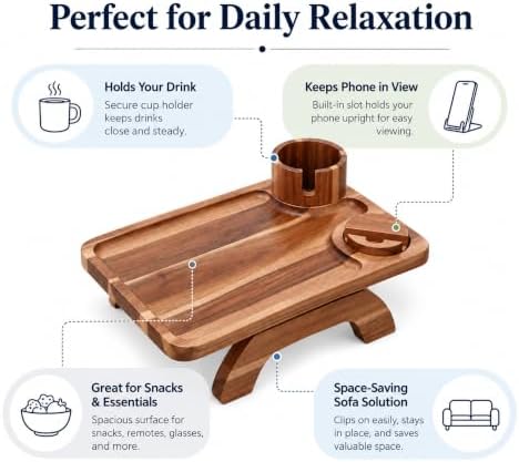 Couch Cup Holder Tray, Large 3-in-1 Acacia Wood Sofa Arm Rest Tray with Cup Holder & 360° Rotating Phone Stand, 15.36 × 9.85 Inches
