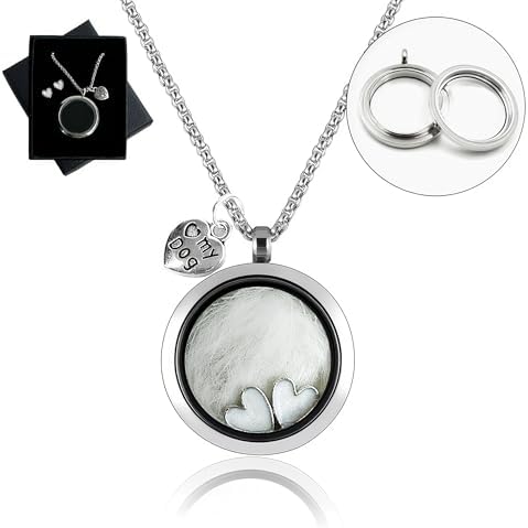 Dog Fur Hair Keepsake Necklace, Ashes Memory Urn with Charm, Glass Circle Memorial Pendant Necklace, Pet Cremation Memorial Jewelry for Women Men, Vial Necklace for Ashes