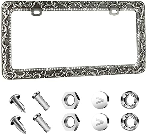 Metal Car License Plate Frames,Antique Old Pattern Printing, Bling Crystal Rhinestones Inlaid,Universal 2 Holes Automotive Replacement Parts Plate Holder(1 Pack)