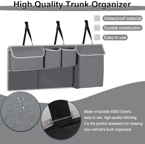 Trunk Hanging Organizer, Backseat Storage Bag, Collapsible Car Interior Accessories with 4 Pockets & 2 Mesh Pouches for Tools, Provide More Storage Trunk Space for SUV, Jeep, MPVs (Grey)