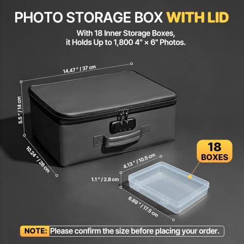 Photo Storage Box with 18 Inner Photo Case, Photo Organizer Box with Lock, PU Storage Containers with Handles & Lid, Keepsake Box for Home, Office, Travel, Pictures & Memories Storage Cards, Grey