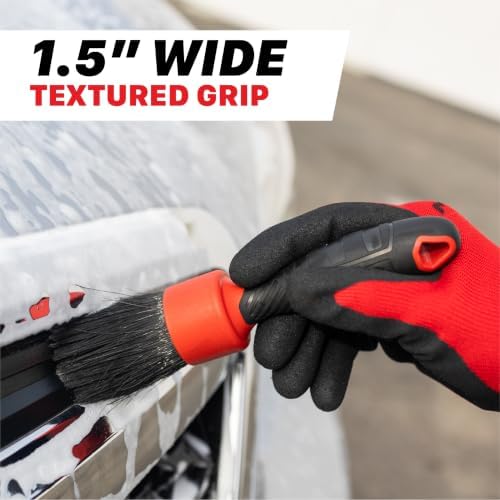 Stubby Boar Hair Detailing Brush - Premium Detail Brush with 100% Natural Boar Hair Mixed Fiber for Auto Detailing, Wheels, Engine, Interior, Air Vents Cleaning - Bestselling Tool - Red