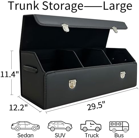Car Trunk Organizer with Lid,Foldable Faux Leather Cargo Storage Box,3 Compartments,Collapsible Multi-Functional for SUV,Sedan,Vehicle Trunk
