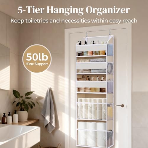 5 Tiers Over the Door Organizer with 10 Mesh Side Pockets, 44 lbs Weight Capacity Closet Hanging Storage Organizer with Large Clear Window Kids Toys, Shoes, Diapers, Beige