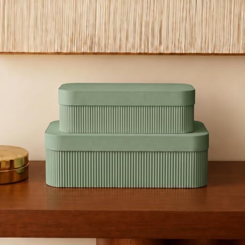 Decorative Storage Boxes with Lids - Set of 2 Fluted Photo Organizer Bins