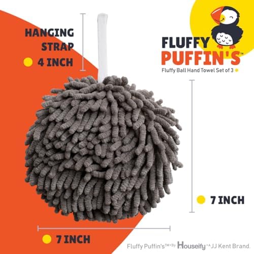 Fluffy Puffins Microfiber Puff Hand Towels & Hooks, 3 Pack, Gray