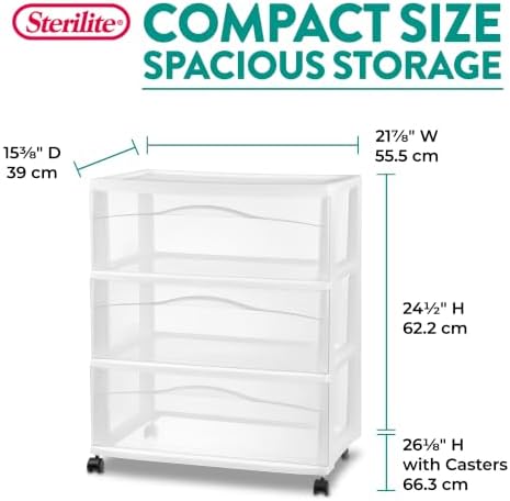 Wide 3 Drawer Storage Cart Plastic Rolling Organizer, White Frame