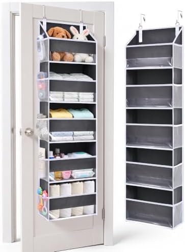 1 Pack Over Door Organizer with 5 Large Pockets 10 Mesh Side Pockets, 44 lbs Weight Capacity Hanging Storage Organizer with Clear Window Kids Toys, Diapers, Dark Grey, 5 Layers