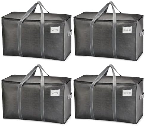 4 Pack Heavy Duty Moving Bags, Extra Large Storage Bags with Reinforced Handles & Strong Zippers, Foldable & Reusable Moving Box Alternative for Clothes & Dorm Storage