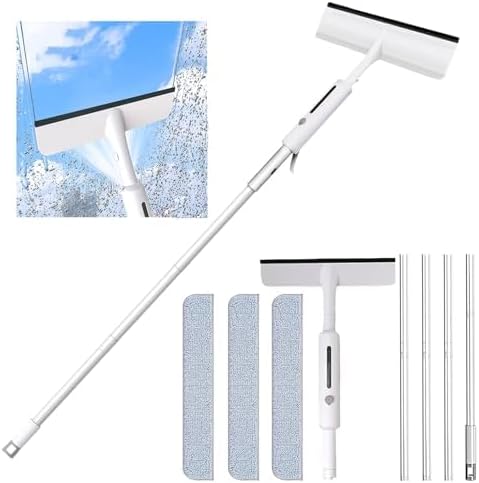 Squeegee for Window Cleaning with Spray,Window Washing Kit with Extension Pole,Double Sided and Long Handle Window Cleaner Tool for Car and Home with - 14 Inches - 3pcs Rags