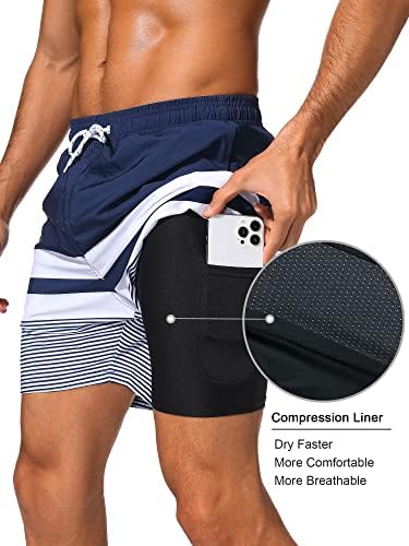 Mens Swim Trunks with Compression Liner 2 in 1 Quick Dry Bathing Suit Beach Shorts with Zipper Pockets