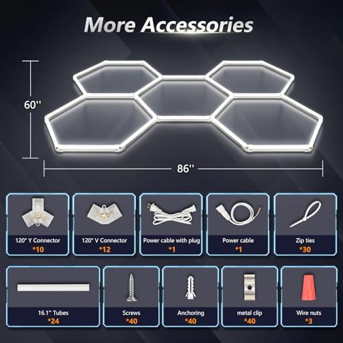 Hexagon Garage Light, 168W 6500K Super Bright Honeycomb LED Ceiling Light, DIY Hex Lights for Warehouse Workshop Gym Barbershop Car Detailing Auto Beauty (5 Grids)