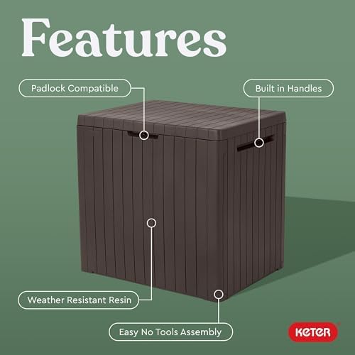 Keter City 30 Gallon Resin Outdoor Storage Box and Patio Furniture Side Table for Pool and Garden Accessories, Brown