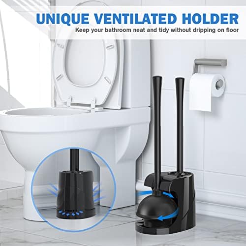 Toilet Plunger and Brush with Holder, Bowl Brush and Heavy Duty Toilet Plunger Set for 5.7-inch Toilet Drain, 2-in-1 Bathroom Cleaning Combo with Modern Caddy Stand (Black, 2 Set)
