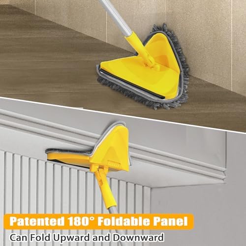 Wall Mop with Long Handle 80 Inches, Upgraded 180° Collapsible Baseboard Cleaner Tool with Squeegee, Ceiling Duster with 3 Microfiber and 3 Chenille Pads for Cleaning Window, Cabinet (Yellow)