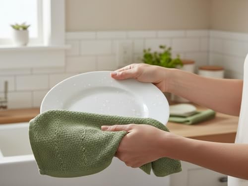 Dark Sage Green Kitchen Hand Dish Towels, Set of 3, 100% Cotton, 18" x 28"