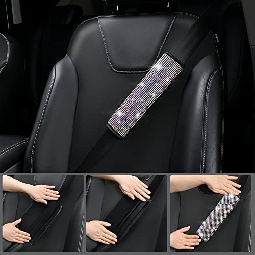 11 PCS Bling Diamond Car Accessories for Women, Sparkly Rhinestone Steering Wheel Cover Bling Seat Belt Cushion, Glitter Shift Knob Cover Car Cup Holder Coaster, Cute Interior Sets Multicolor