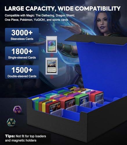 Trading Card Storage Box for MTG, 3000+ Card Organizer, Black Blue