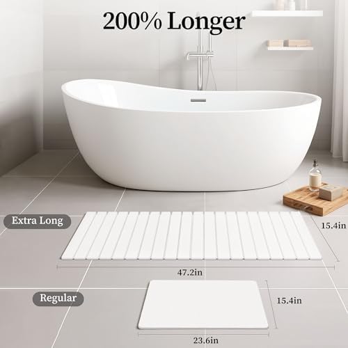 Long Stone Bath Mat, 47x16 inch Roll Out Stone Bath Runner, White