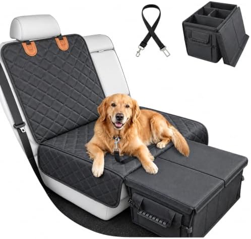 Dog Car Seat Extender with Seat Cover, Heavy Duty Back Seat Extender for Dogs up to 180lbs, Hard Bottom Car Organizer with Storage, Large Dog Travel Platform for SUV Truck