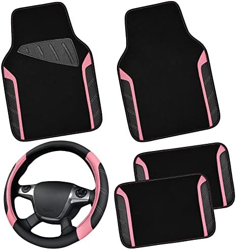 Microfiber Steering Wheel Cover and Waterproof Car Floor Mats,Leather Universal Car Combo Fit for 95% Truck,SUV,Cars,14.5-15inch Sporty Anti-Slip Safety Comfortable Design(Black and Pink)