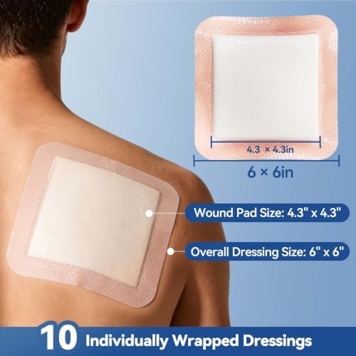 Silicone Super Absorbent Wound Dressings - Gentle Adhesive Bandages with Ultrasorb Polymer,Heavy Exudate Wound Care Pads 6"X 6" 10 Packs