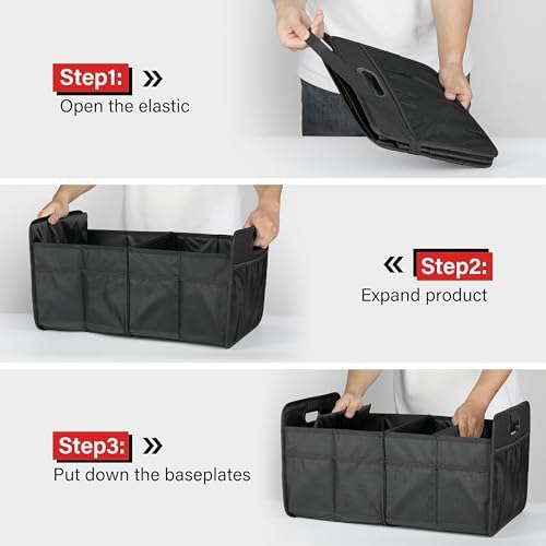 Car Trunk Organizer, 2 Compartments Collapsible Trunk Storage, Anti-slip Design, Made of Waterproof 600D Oxford Polyester, Suitable for SUV, Minivan, Truck, Standard Size, Black