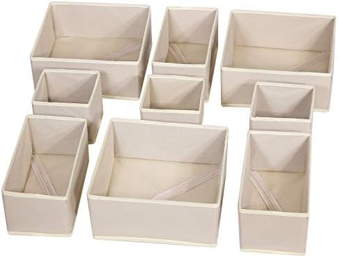 9 Pack Foldable Cloth Storage Box Closet Dresser Drawer Organizer Fabric Baskets Bins Containers Divider for Baby Clothes Underwear Bras Socks Lingerie Clothing,Beige 333