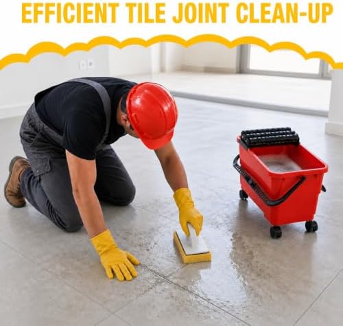 12 Pack Grout Cleaning System Set, 6 Gallon Grouting Bucket with 3 Spiral Rollers, 2 Rubber Floats, 2 Grout Sponges, 4 Diamond Hand Pads, Tile Trowel, Tiling Tools for Ceramic Tile Work