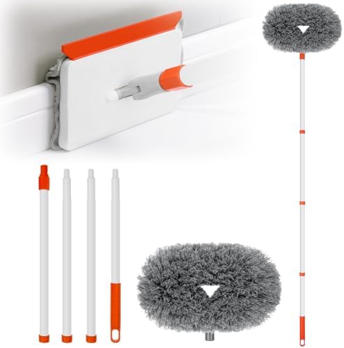 Baseboard Cleaner Tool with Handle, Extendable Long Handle Baseboard Cleaning Duster with Reusable Pads for Floorboard, Ceiling Fan Blade Cleaner Duster (Gray)