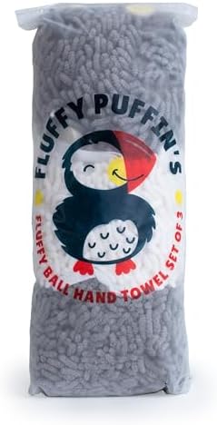 Fluffy Puffins Microfiber Puff Hand Towels & Hooks, 3 Pack, Gray