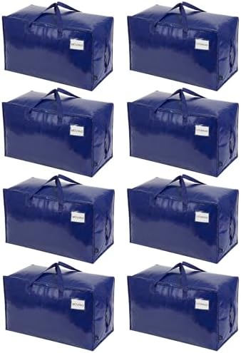 8 Pack Extra Large Heavy Duty Moving Bags with Wide Opening & Reinforced Handles, Reusable Storage Tote Bags with Strong Zippers for Clothes, College Dorm Essentials & Moving Supplies