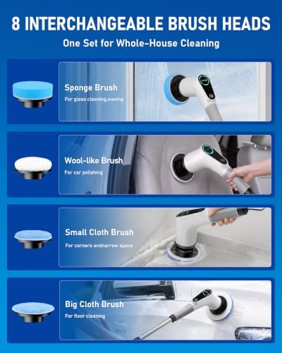 Electric Spin Scrubber, Extendable Handle, 8 Brush Heads-WH