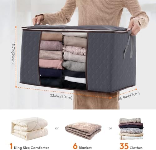 3 Pack 90L Clothes Storage Bins with Lids, Foldable Blanket Storage Bags with Zippers, Clear Window and Reinforced Handles, Closet and Organization for Clothing, Sweater, Comforter, Bedding