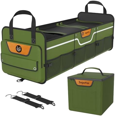 Car Trunk Organizer for SUV, Heavy Duty Waterproof Trunk Organizer, Foldable Collapsible Car Organizer with Cooler, Multi-Compartment Large Trunk Organizer (95L), Green-M003