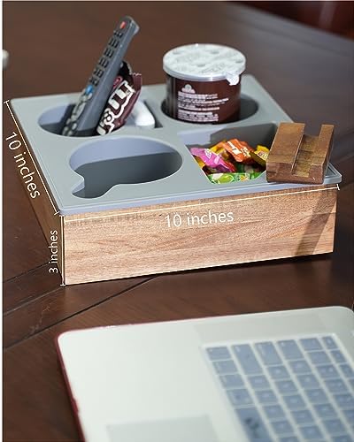 Couch Cup Holder Tray, Handy Soft Silicone Acacia Wooden Couch Caddy for Bed Car Seat Beach Organizer, Waterproof Anti-Spill Sofa Cup Holder for Snacks Beverage Remote (White)