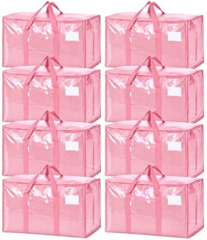 8 Pack 24 Gal Heavy Duty Moving Bags, Extra Large Storage Totes Zipper, Reinforced Handles, Label Window, Pink, Reusable Tote (Pink, 8 Pack)