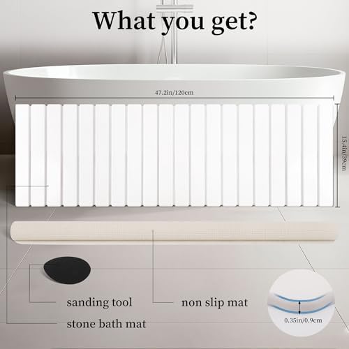 Long Stone Bath Mat, 47x16 inch Roll Out Stone Bath Runner, White