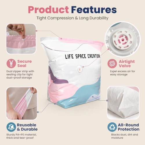 5PCS No Pump Vacuum Storage Bags, No Pump Large Vacuum Storage Compression Bags, Thick Airtight Reusable Organizer for Clothes Comforters Travel Moving Closet Storage (L)