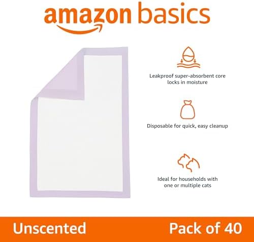 Cat Pee Pads, Super Absorbent, Odor Control, Universal Fit for Litter Box, Disposable, Multi Cat, Unscented, Purple, 40 Count