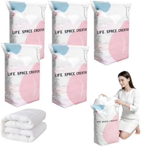 5PCS No Pump Vacuum Storage Bags, No Pump Large Vacuum Storage Compression Bags, Thick Airtight Reusable Organizer for Clothes Comforters Travel Moving Closet Storage (L)