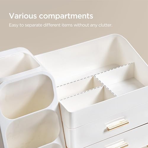 Makeup Organizer with Brush Holder for Vanity, Large Plastic Bathroom Countertop Organizer Skin Care Storage, Easy to Store Lipsticks, Nail Polishes, Perfumes, Eyeshadow Palettes, All White