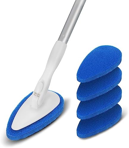 Shower Bathtub Tub Tile Scrubber Cleaning Brush with 51'' Handle, 5 Non-Scratch Scouring Pads, Adjustable Long Handled Scrub Brush for Cleaning Shower Bathroom Vessel Sinks Toilet Wall Floor