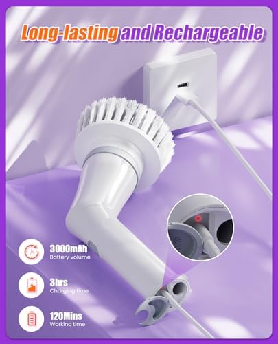 Electric Spin Scrubber, Cordless Long Handle, 6 Attachments