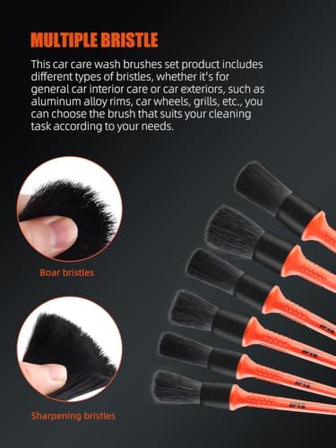 Car Detailing Brush Kit, 6Pcs Auto Boar Hair Detail Brush Set Automotive Interior Exterior No Scratch Microfiber Detailing Brushes for Cleaning Air Vents, Engine Bays, Dashboard & Wheels -BRFCD15