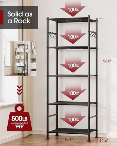 5-Tier Storage Shelves with Hooks, 18.1" x 12.4" x 56.8", Black