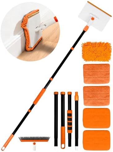 4-in-1 Baseboard Cleaning Tool with Extendable Handle 5 Reusable Pads 1 Carpet Rake Stiff Bristle Brush Multi-Surface Baseboard Brush for Cleaning Baseboard Wall Carpet Floor Bathroom Kitchen Pet Hair