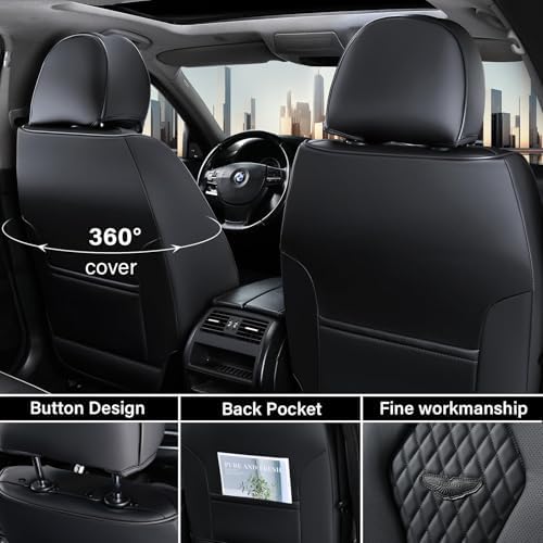 Seat Covers, Car Seat Covers Full Set, Black Car Seat Cover, Car Seat Covers Front Seats Back Seat Cover, Waterproof Car Seat Cushion, Leather Seat Covers Seat Protector Fit for Most Cars